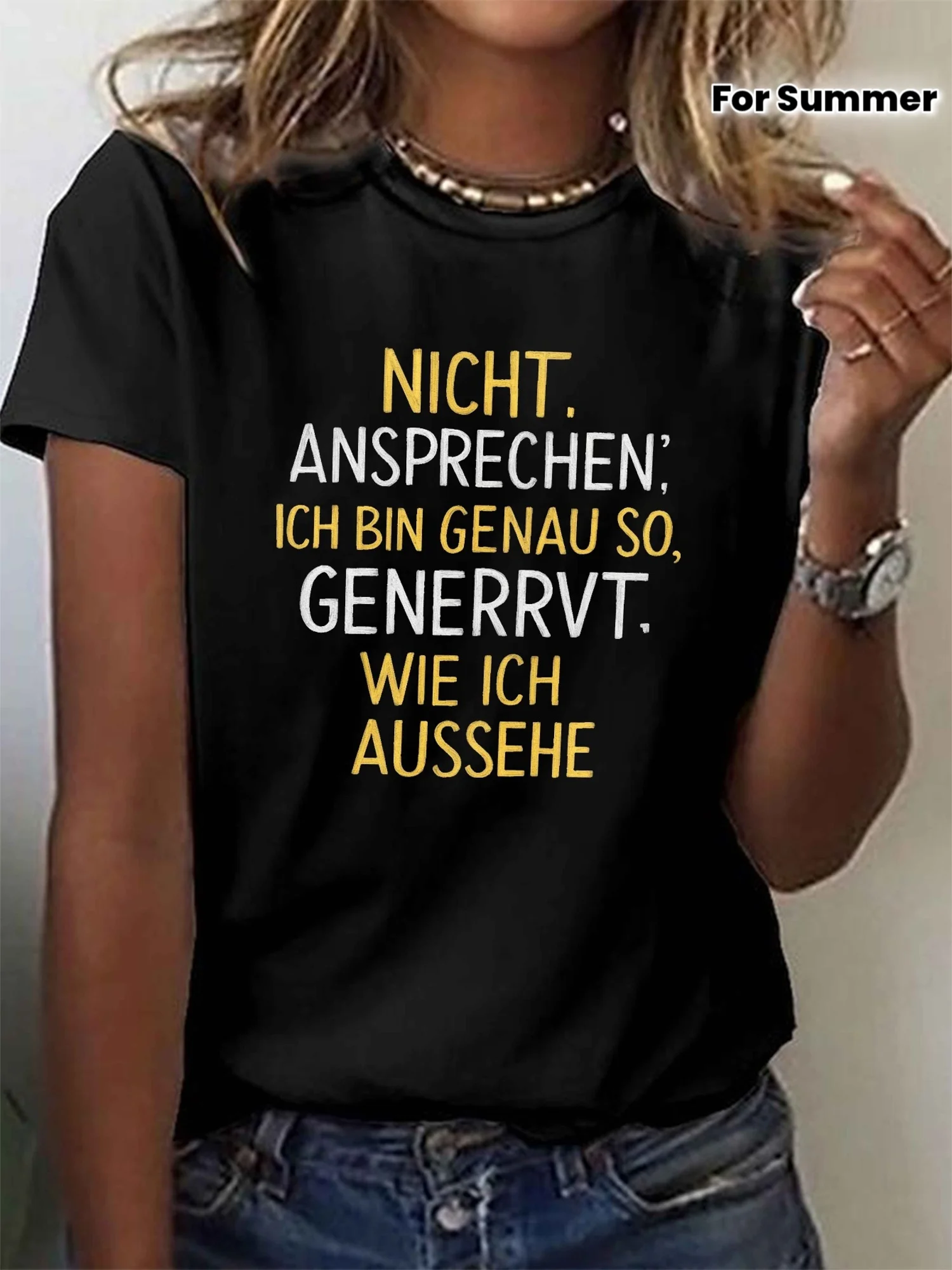 Not Address Text in German Print T-Shirt, Short Sleeve Crew Neck Casual Top for Summer & Spring, Women'S Clothing