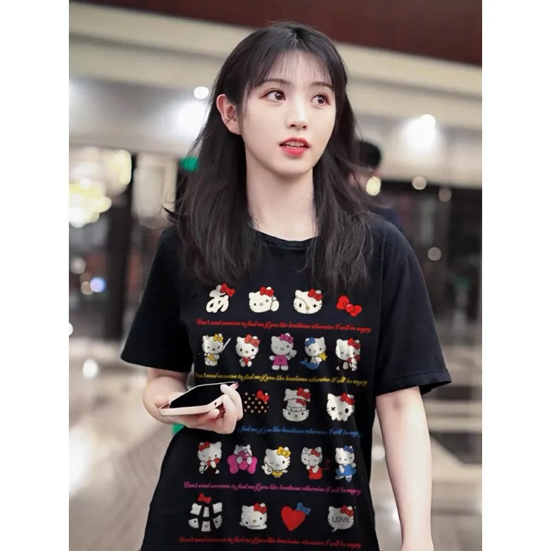 

Черные рукава Hello Kitty с короткими рукавами, новая летняя хлопковая футболка с короткими рукавами с героями мультфильмов, женский топ Sweet Wind, короткие рукава Sanrio