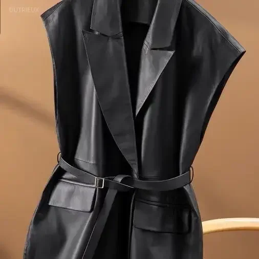 Sleeveless Cardigan Women Clothing Tailored Collar Bandage Tunic Black Korean Waistcoat Vintage Chic PU Temperament Tanks Tops