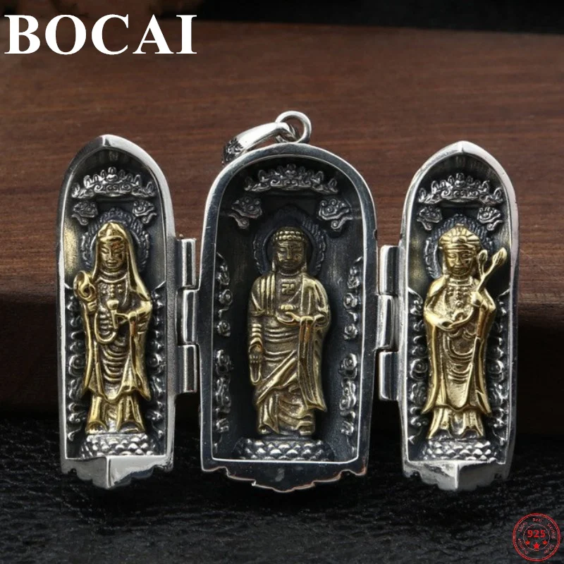 BOCAI S925 Sterling Silver Pendants for Women Men Three Saints of the West Buddha Avalokitesvara Tathagata Amulet Free Shipping