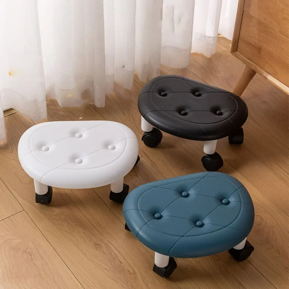Sliding Low Stool with Wheels Faux Leather Padded Mini Footrest Rolling Shoe Changing Stool for Living Room Bathroom Home Use