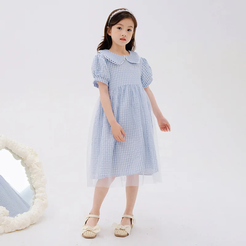 

Korean Summer School Girl Dress Teenager Girl Peter Pan Collar Plaid Gauze Princess Dress Children Girl Bubble Sleeve Dress