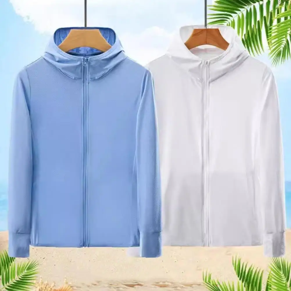 

Sun Protection Coat Men's Hooded Sun Protection Jacket with Zipper Placket Long Sleeve Ice Silk Coat for Summer Solid Color Uv