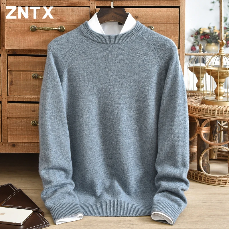 ZNTX Winter thick men's pure cashmere sweater with round neck and shoulder knitted pullover for casual warmth and youth fashion