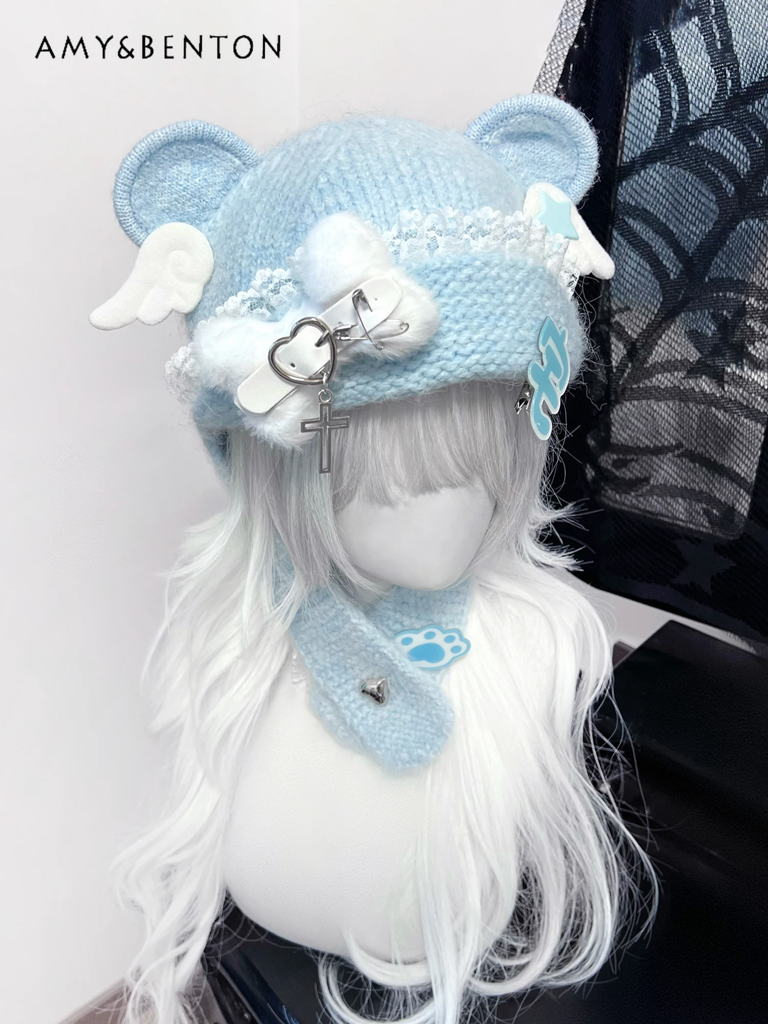 

Japanese Kawaii Bear Ear Knitted Hat Cute Subculture Two-dimensional Water Color Three-dimensional Bone Lace Splicing Hat Female