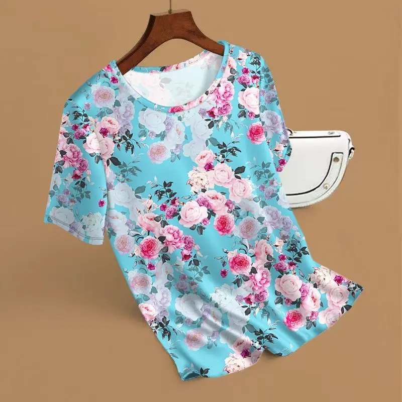 SYsYouthfully Summer 3d Fllower Printed Top Women Loose Short Sleeve T Shirts Ice Silk Polyester Casual Thin Outdoor Homewear view 4