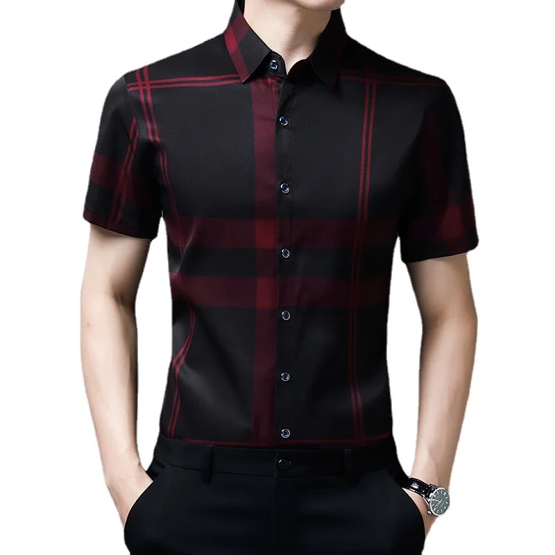 Camisa justa listrada de manga curta masculina, lapela fina, moda casual, verão, 2023