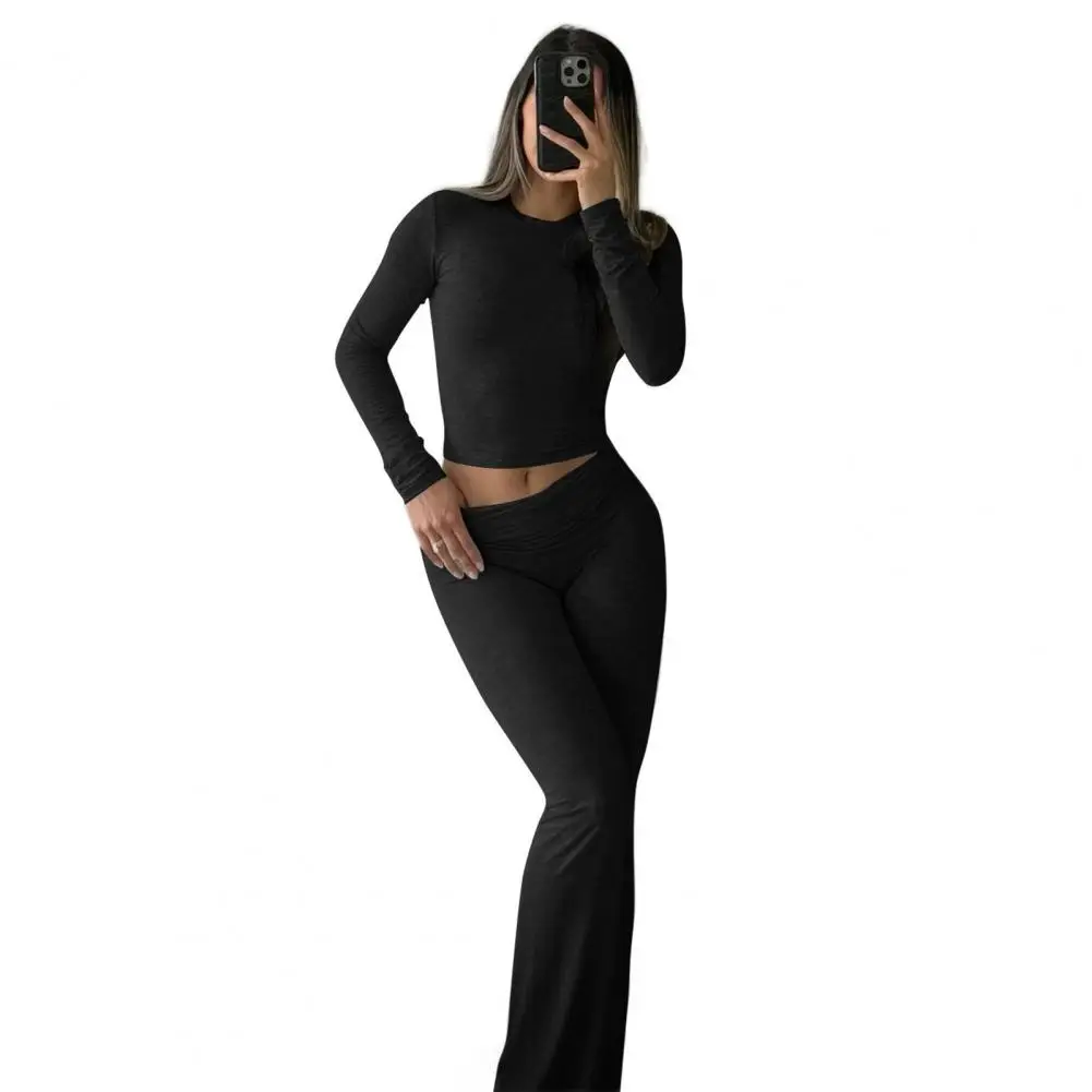 Fall Casual 2-Piece Lounge Set, Women Long Sleeve Crew Neck Crop Top And Ruched Low Waist Flared Pants Outfits