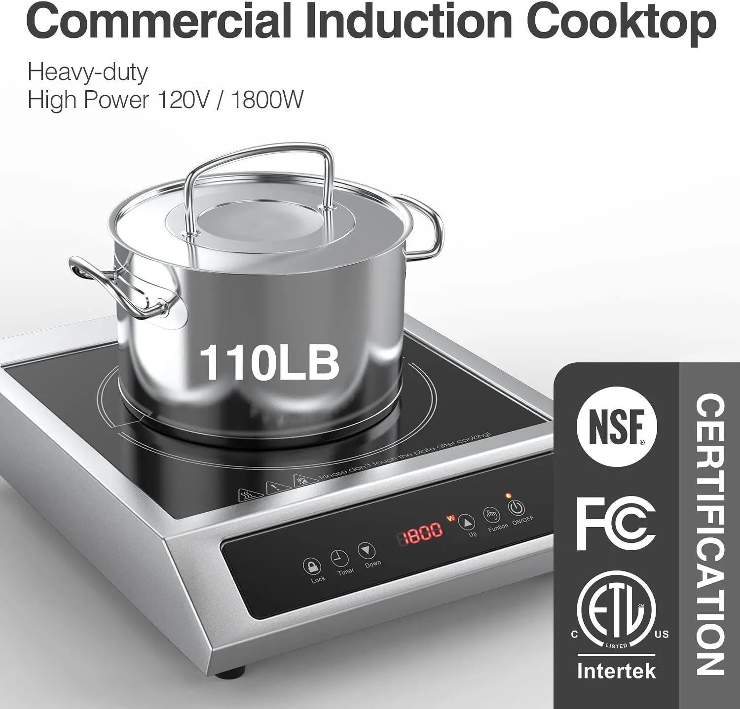 Inductiekookplaat Draagbaar 1800W, ANHANE Aanrechtbrander Inductiekookplaat Elektrisch voor koken, 9 temperatuurniveaus, 3 uur timer,A