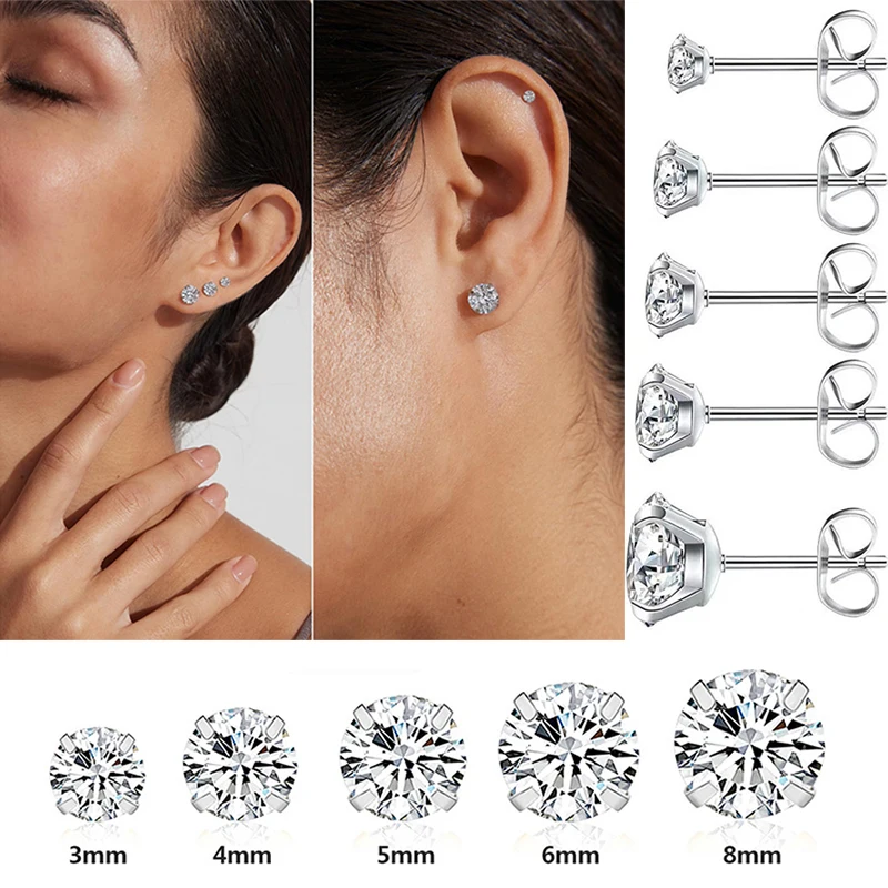 2PCS/Set 316L Integrated Diamond Stud Earrings for Women Girls Cubic Zirconia Tragus Cartilage Ear Piercing Kit Body Jewelry