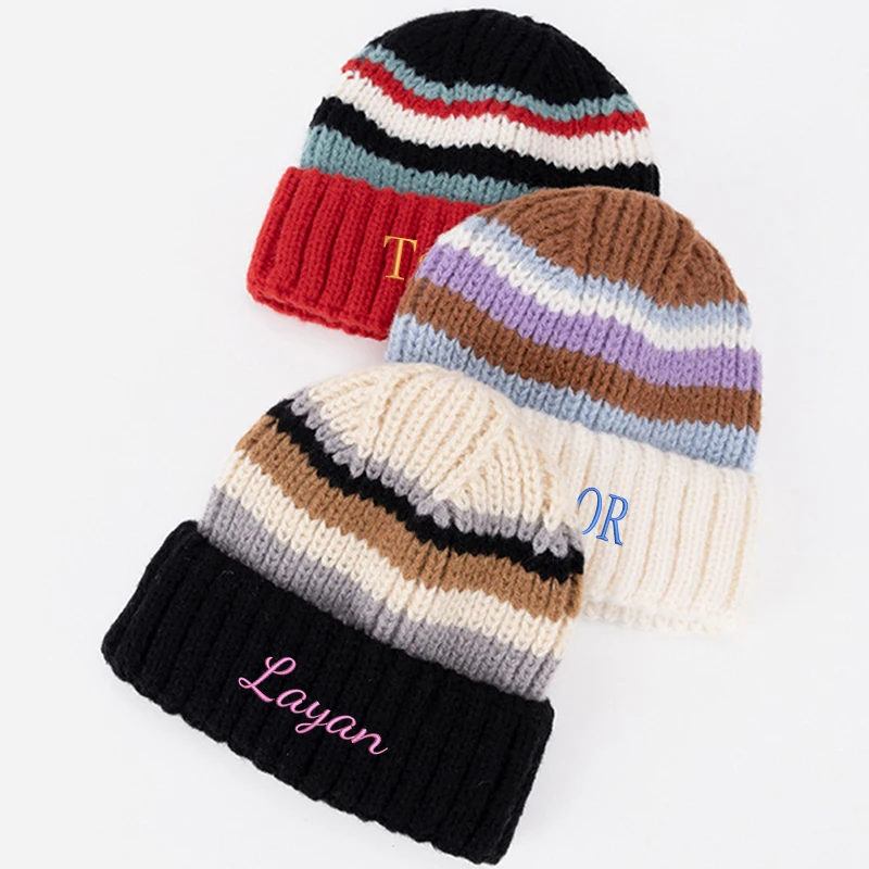 Embroidery Customization / Standard Version Dopamine Striped Knit Hat, Warm and Stylish, Beautiful Color Combinations, Keeps You Warm All Winter, Suitable for Daily Commuting, Travel, Parties, Outdoor Sports, Etc., Also Makes a Great Gift for Christmas, Halloween, and Anniversaries