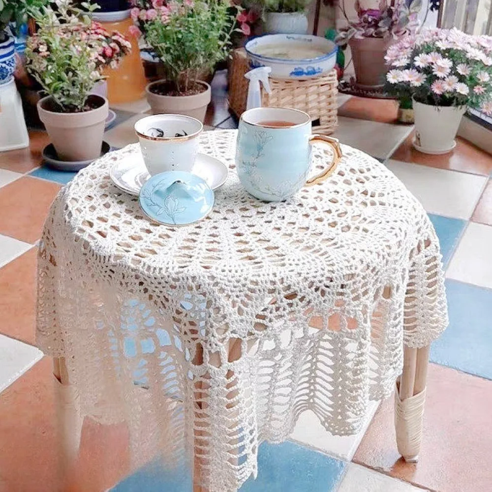 Cotton Blend Handmade Crochet Lace Table Cover Round Hollow Out Nordic Style Tablecloth Decorative Mat For Furniture