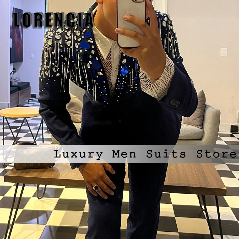 

Elegant Rhinestone Suits for Male 2 Pieces Beading Tassel Groom Tuxedos Wedding Outfits Customized Blazer Pants fatos de homem
