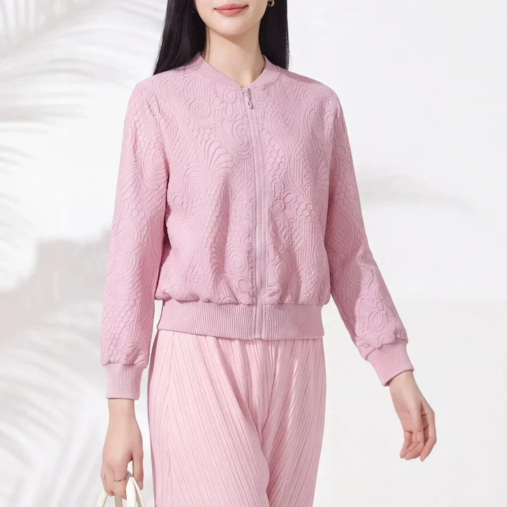 Miyake Pleated Women Cream Embossed Floral Zip Jacket, Long Sleeve Baseball Coat, Textured Casual Outerwear
