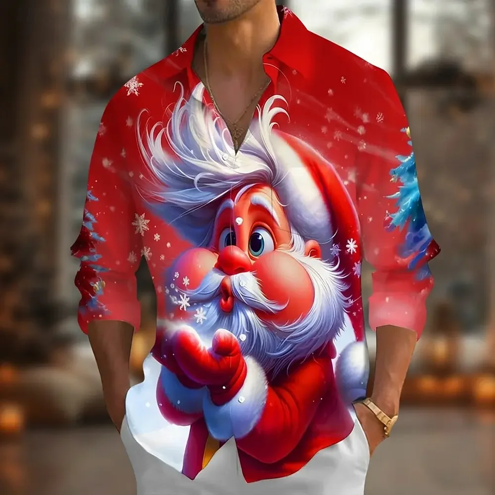 Christmas Men's Santa Claus Snowflake funny christmas Shirt Button Up Shirt Long Sleeve Funny Holiday Spring Fall Turndown shirt