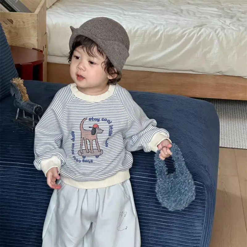

2025 Autumn New Baby Long Sleeve Striped Sweatshirt Cotton Infant Girl Cartoon Print Pullover Toddler Boys Casual Sweatshirts