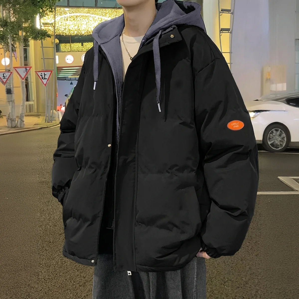 

Men's Thiened Cotton Jaet Winter Warm Outerwear Hooded Casual Sle Hong Kong Trendy Sle Polyester Fiber Fill Youth Fas...