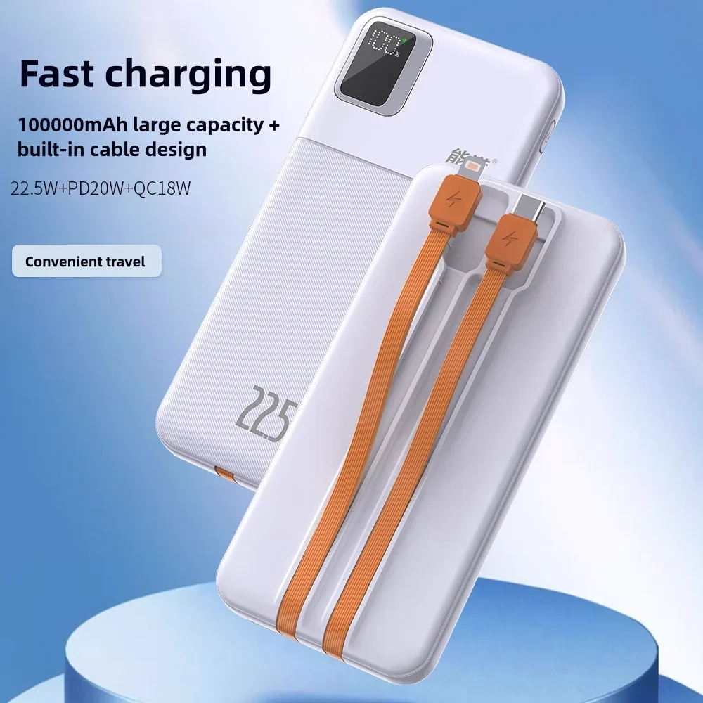 New Power Bank with Large Capacity of 100000 MAh, Fast Charging Apple Android Universal Built-in Cable Mobile  Supply Portable