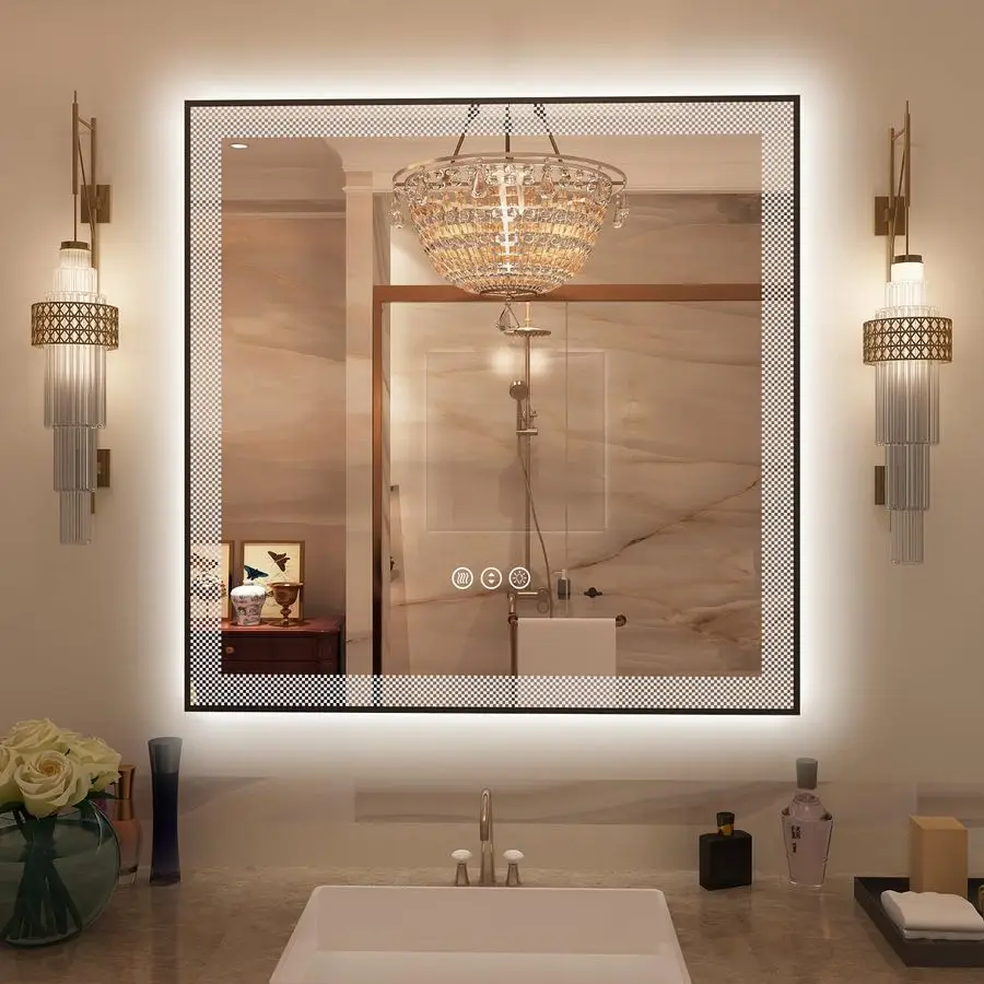 

Black Framed LED Bathroom Mirror with Frontlit and Backlit, Lighted Vanity Mirror for Wall, Square Mirror 3 Colors Dimmable, Ant