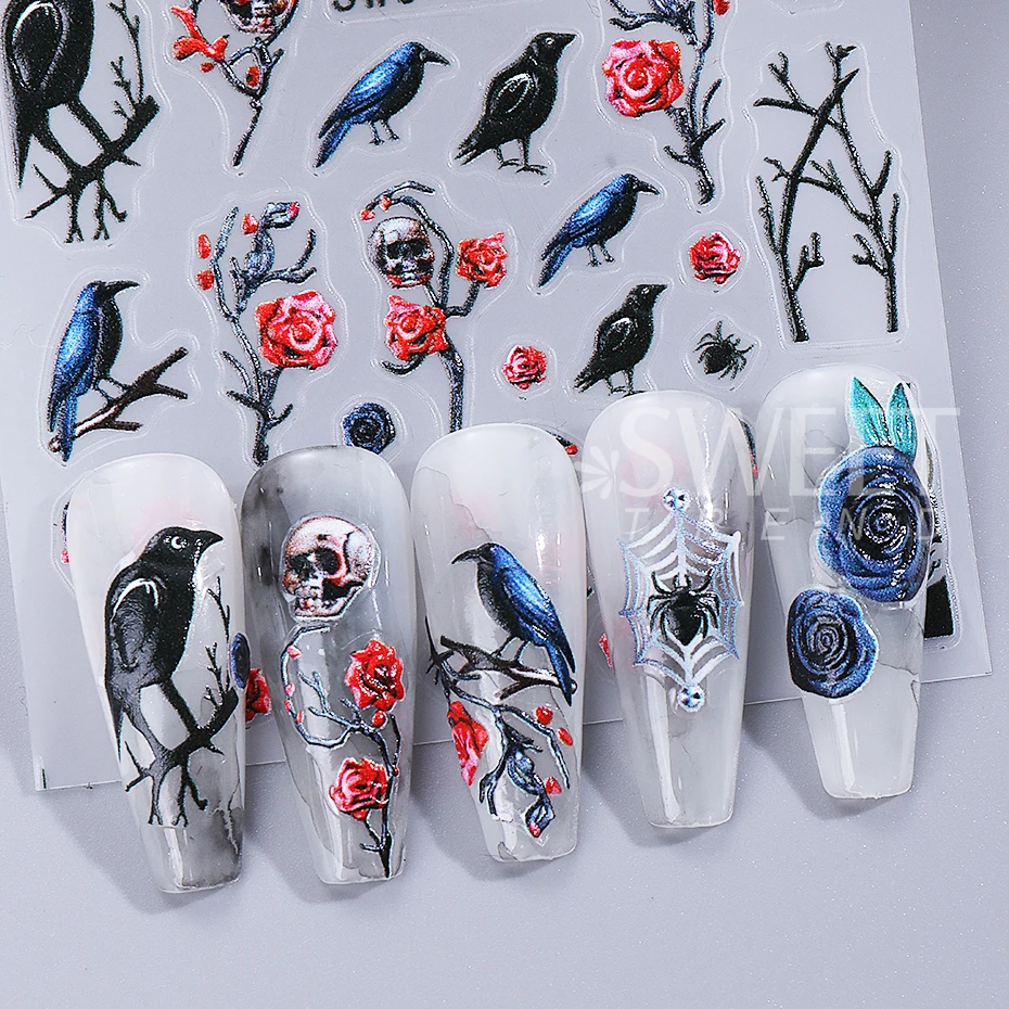 ﻿   สติกเกอร์ติดเล็บฮาโลวีน 2 ชิ้น Y2K งู พระจันทร์ ใยแมงมุม นกกา กะโหลก ดอกกุหลาบ สติกเกอร์ติดเล็บแบบมีเท็กซ์เจอร์ สไลเดอร์ DIY ตกแต่งเล็บ