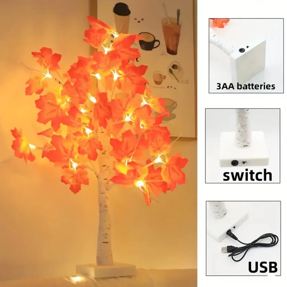 LED Maple Leaf Tree Lights 24 LED Thanksgiving Decoration Artificial Lighted Tree Autumn Fall Home Decor Night Light for Room