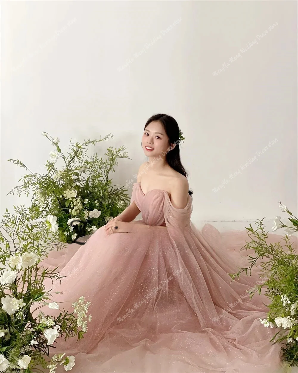 ZHUISHU Fairy Blush Pink 한국 이브닝 드레스 반짝 이는 반짝 이는 Tulle 웨딩 사진 촬영 드레스 오프 숄더 맞춤형 신부 가운