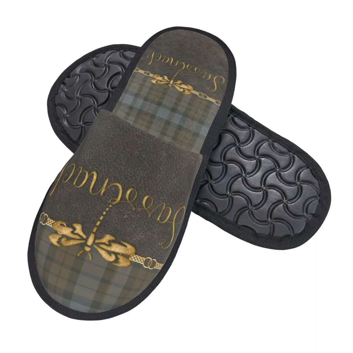 Custom Leather And Tartan Sassenach Dragonfly Pattern Comfy Scuff Memory Foam Slippers Women Plaid Check Texture Spa House Shoes