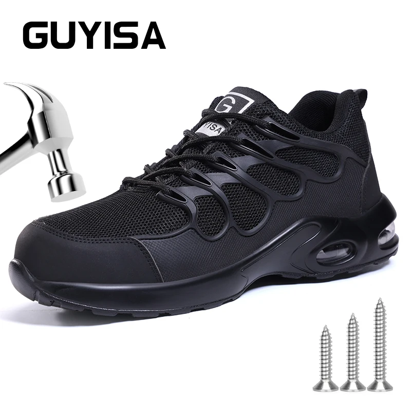 GUYISA Safety shoes Fashionable and ultra lightweight Steel toe Size 37-45 Black Anti smashing and anti stabbing work shoes