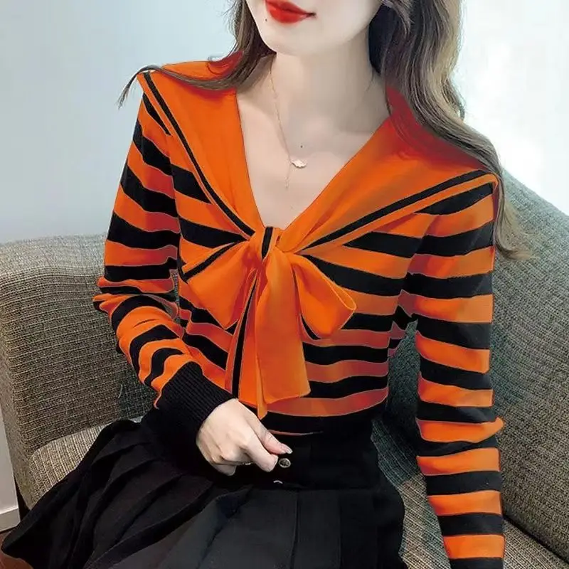 Korean Autumn/Winter New Sweaters Women\'s Sailor Collar Bow Striped Contrast Color Sweet Chic Long Sleeve Pullovers Knitted Tops