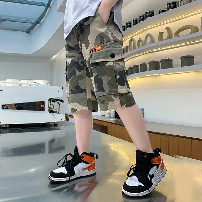 

New Summer Boys Camouflage Shorts Cotton Trousers Kids Elastic Waist Calf Length Soft Pants Children Clothes For Teenagers 5-14Y