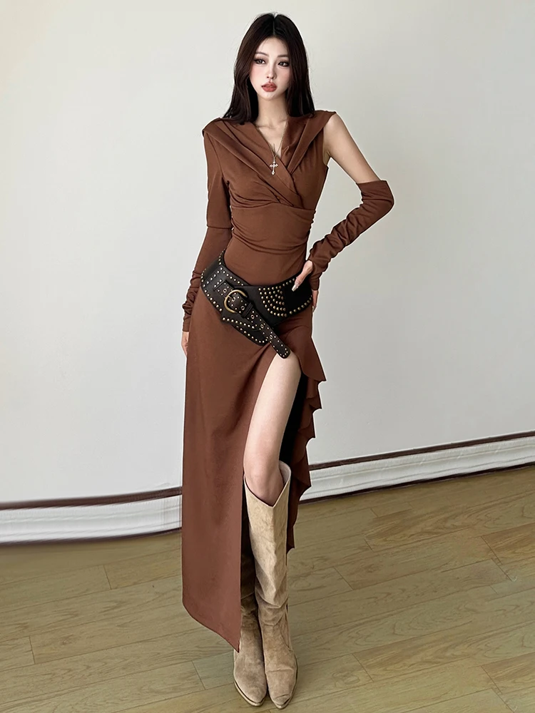 

European American Style Y2K New Fall Women's Clothing Brown Slim Fit High Waist Fashion Hooded Chic Sleeve High-Split Dress