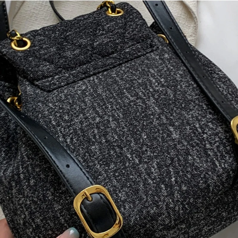 New Fashion Retro Denim Canvas Chain Backpack Women\'s Mini Diamond Solid Color Fashion Versatile Small Backpack for Girl