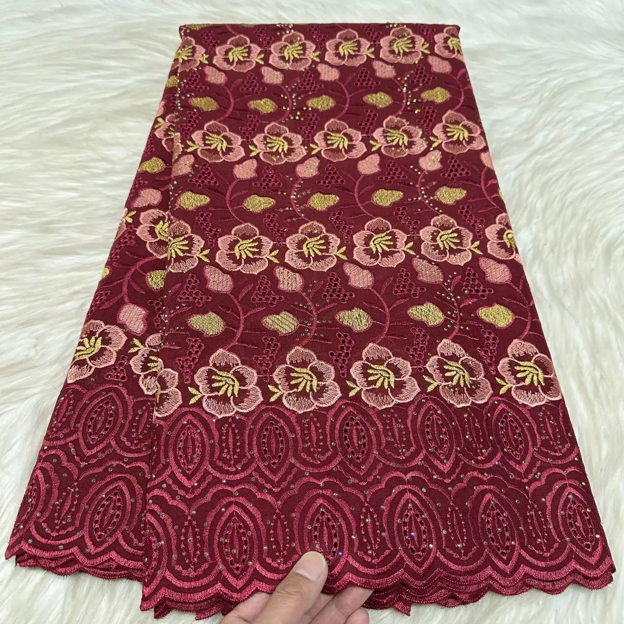 

5 Yards African Embroidery 100% Cotton Lace Fabric New Swiss Voile Lace Fabric With Stones For Women Sew Dresses 31A07