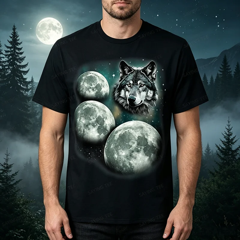 Three Moon Wolf | 3 Moons Howling At Space Wolf Magic Meme T-Shirt Y2k Wolf Lover Graphic Aesthetic Clothes Cotton Novelty Tee