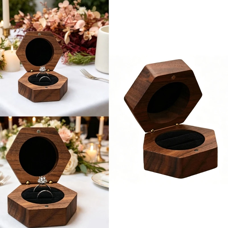 Double Ring Box Wooden Hexagon Ring Case with Plush Interior Soft Lining and Hinged Lid for Ceremony Display and Daily Use