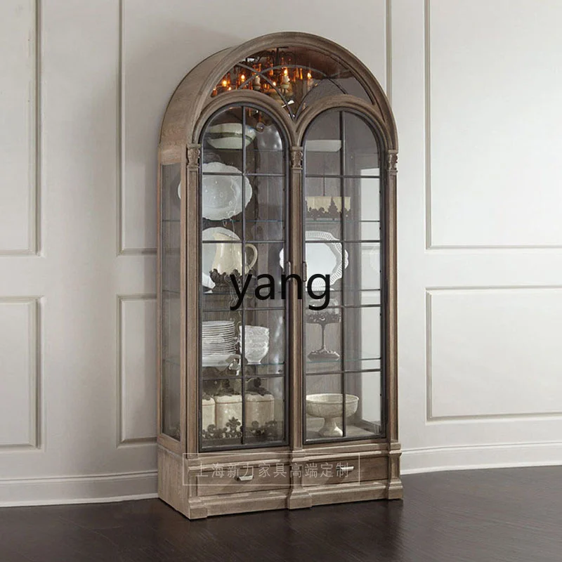 LH all-solid wood wine cabinet, side cabinet, integrated semi-circular arched glass door display cabinet against the wall