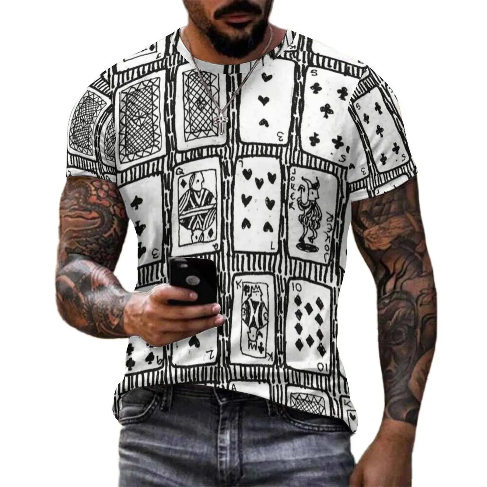Vintage Sketch Card Print T Shirt  Fashion T-Shirts Short-Sleeved Custom Tshirt Wholesale Summer Classic Oversize Top Tees