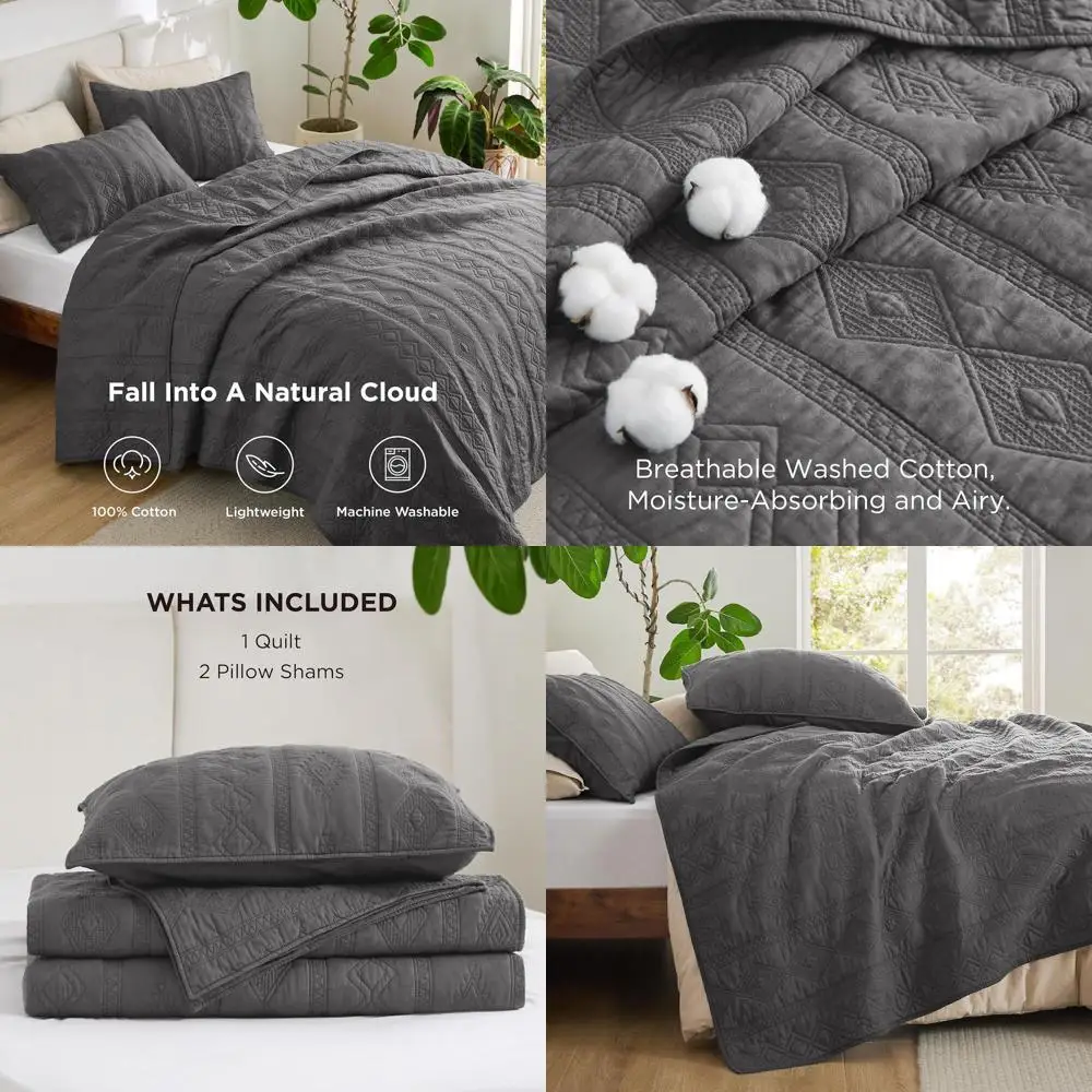 

Легкий серый хлопковый комплект постельного белья размера «queen-size» с геометрическим узором, покрытием из трех предметов и подушками, 90x96 дюймов, всесезонный