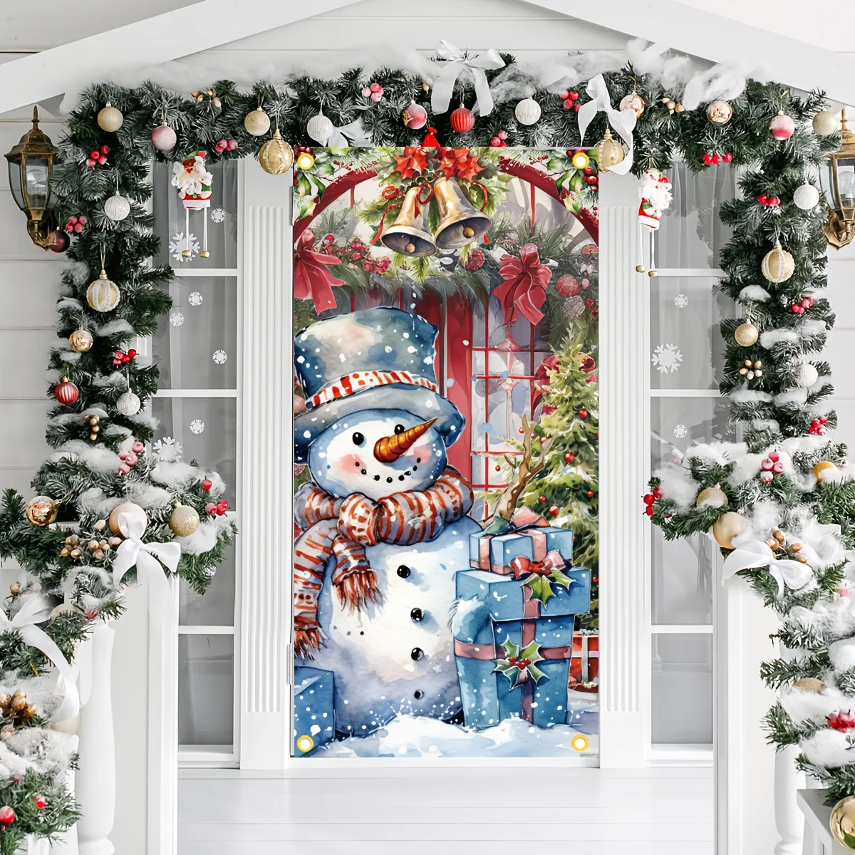 

Рождественский дверной флаг Снеговика — праздничный фон для вечеринки, прочное полиэфирное волокно, для внутреннего и наружного использования