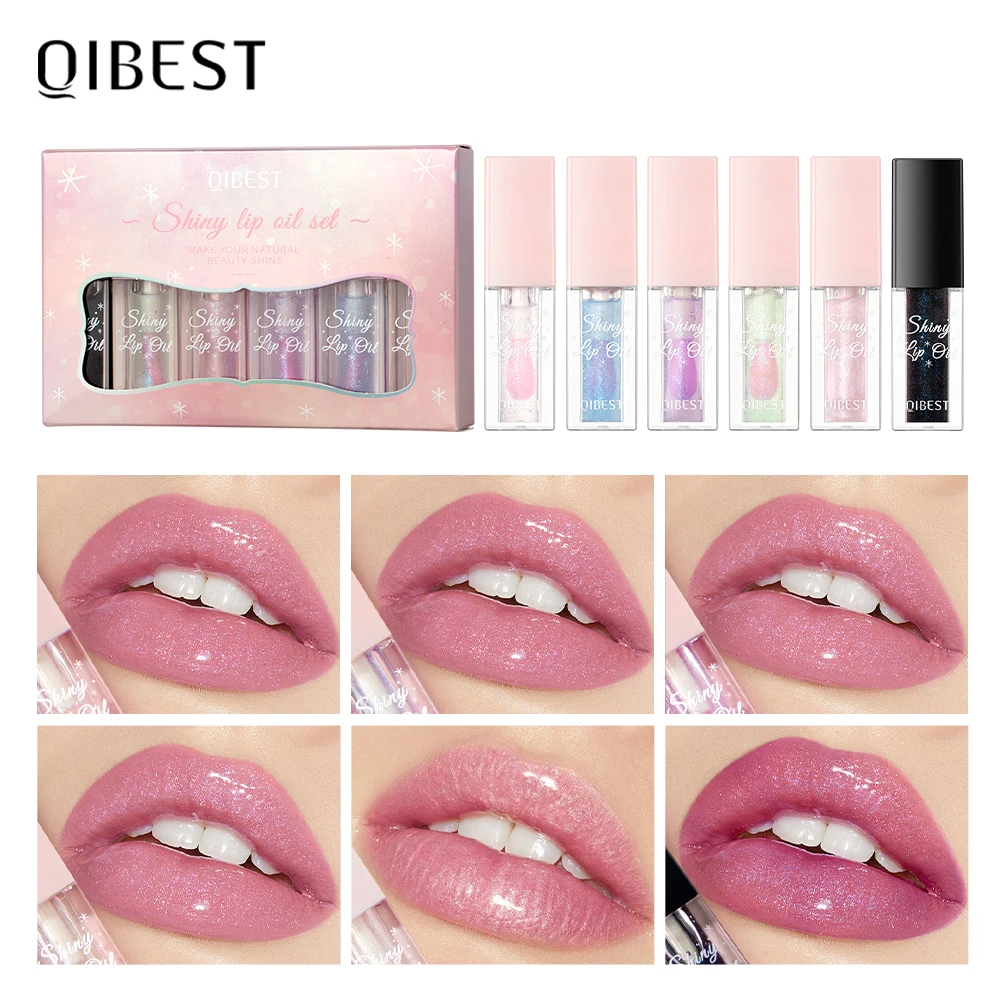 

QIBEST Pearlescent Lip Oil Gloss Set Color Change Lip Glaze Plumper Makeup Moisturizing Sexy Glossy Glitter Lips Care Cosmetics