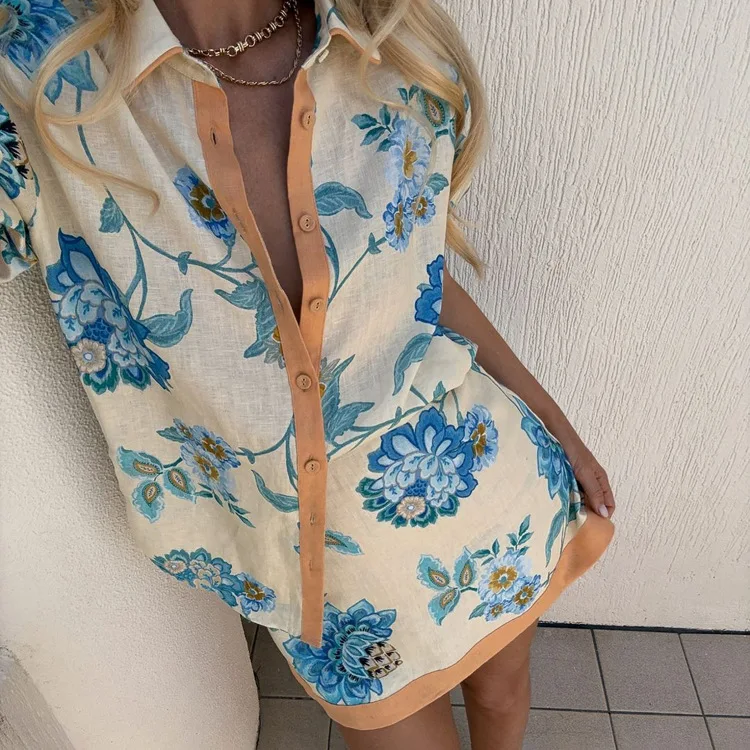 طقم تنورة مكون من قطعتين قميص عتيق بأكمام قصيرة مع تنورة قصيرة عالية الخصر طقم ملابس خروج فضفاضة مطبوعة للنساء طقم مكون من قطعتين #4