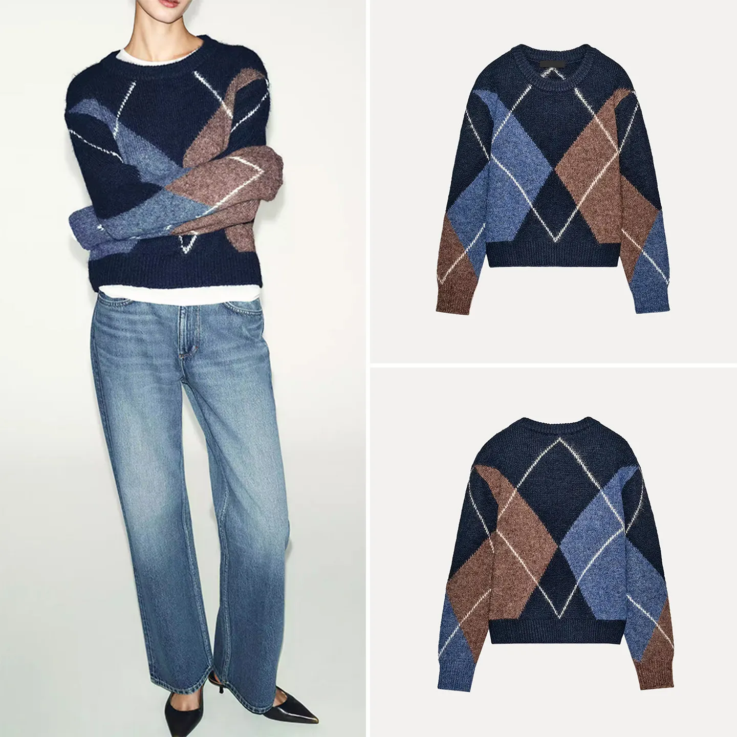 

Зимний женский вязаный свитер 2025 года с ромбовидным узором, длинный рукав, круглый вырез, свободный крой, европейский стиль, повседневная одежда от Z