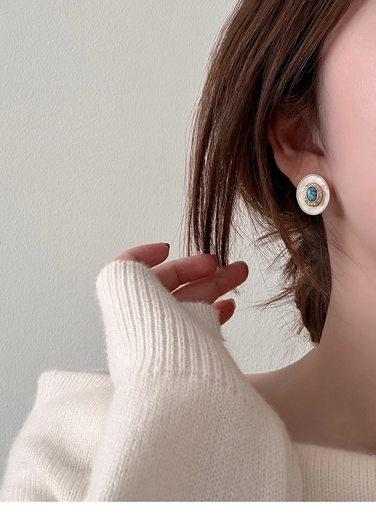 2026 Ovale Natürliche Muschel-Türkis-Ohrstecker für Damen Vintage Vergoldet Kubischer Zirkonia Böhmischer Eleganter Alltagsschmuck Geschenk – Detail 6