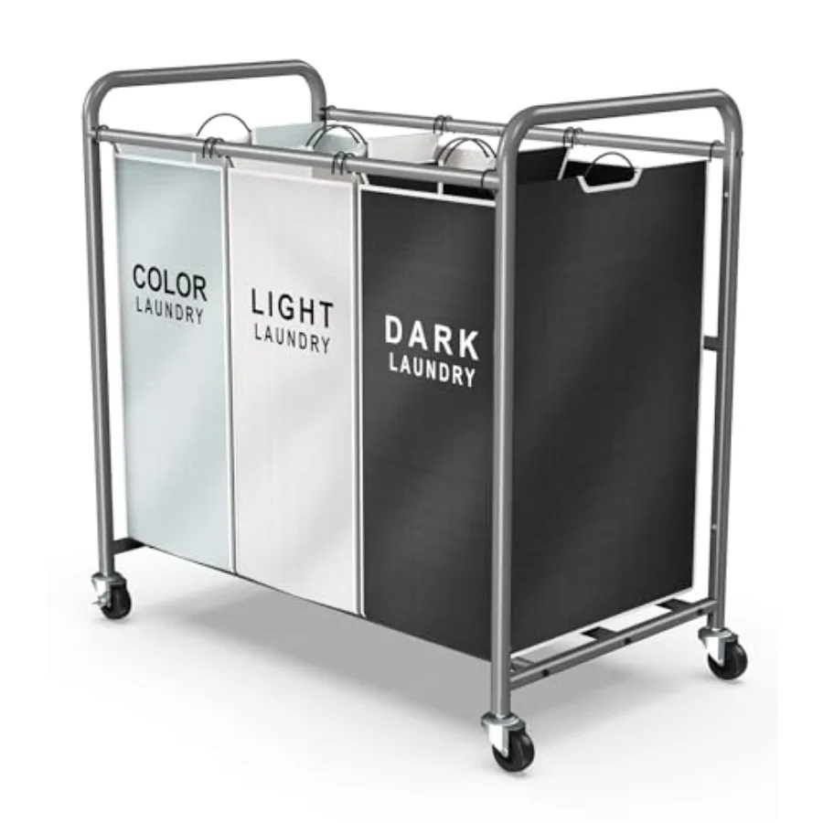

Корзина для сортировки белья с 3 секциями, органайзер для белья на колесиках с прочными блокирующимися колесами и съемными мешками