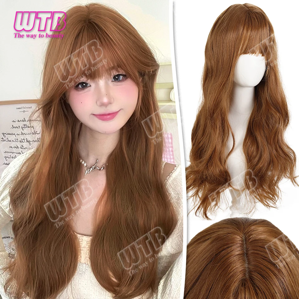 

WTB Synthetic Lolita Wig Fluffy Honey Brown Long Curly Wig with Bangs Suitable for Women and Girl for Everyday Wear Role-Playing