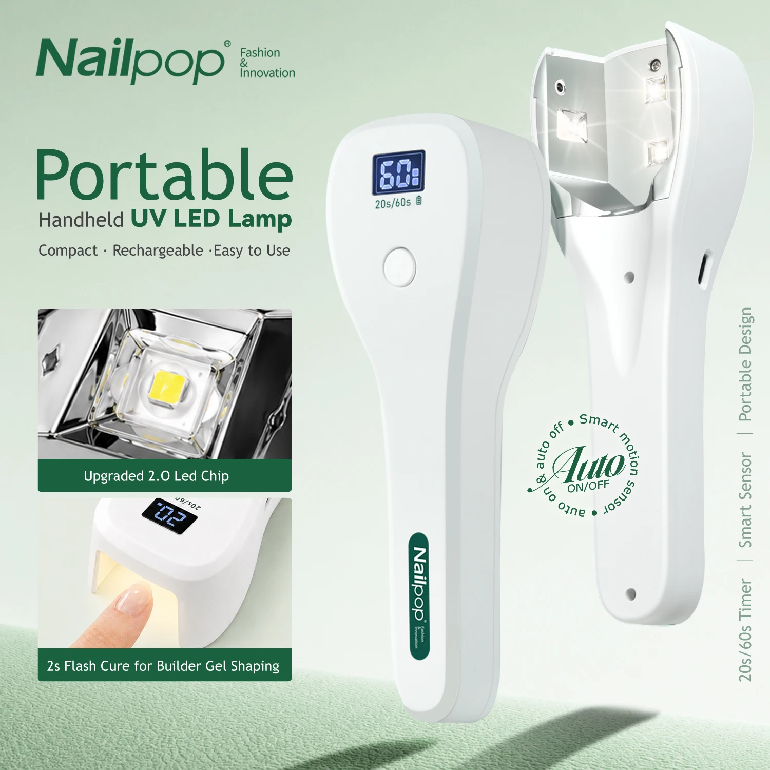 Nailpop Handheld UV LED Nail Lamp Portable Cordless Rechargeable Nail Dryer With Smart Sensor 15W Gel Polish Manicure