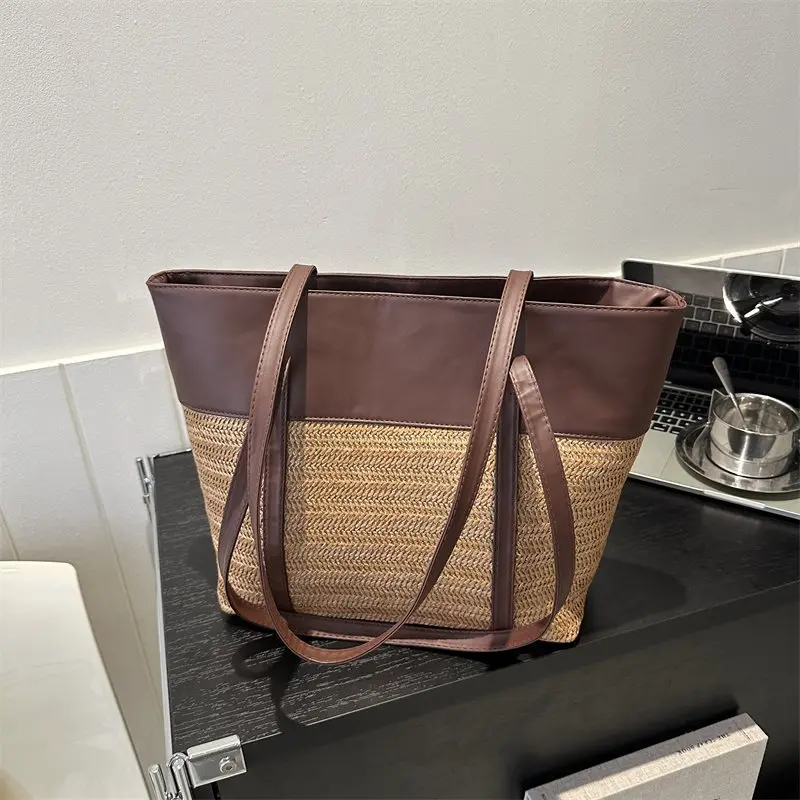 Large Capacity Commuter Bag Female 2024 New Hundred Collision Color Straw Bag Senior Texture Niche Shoulder Tote Bag