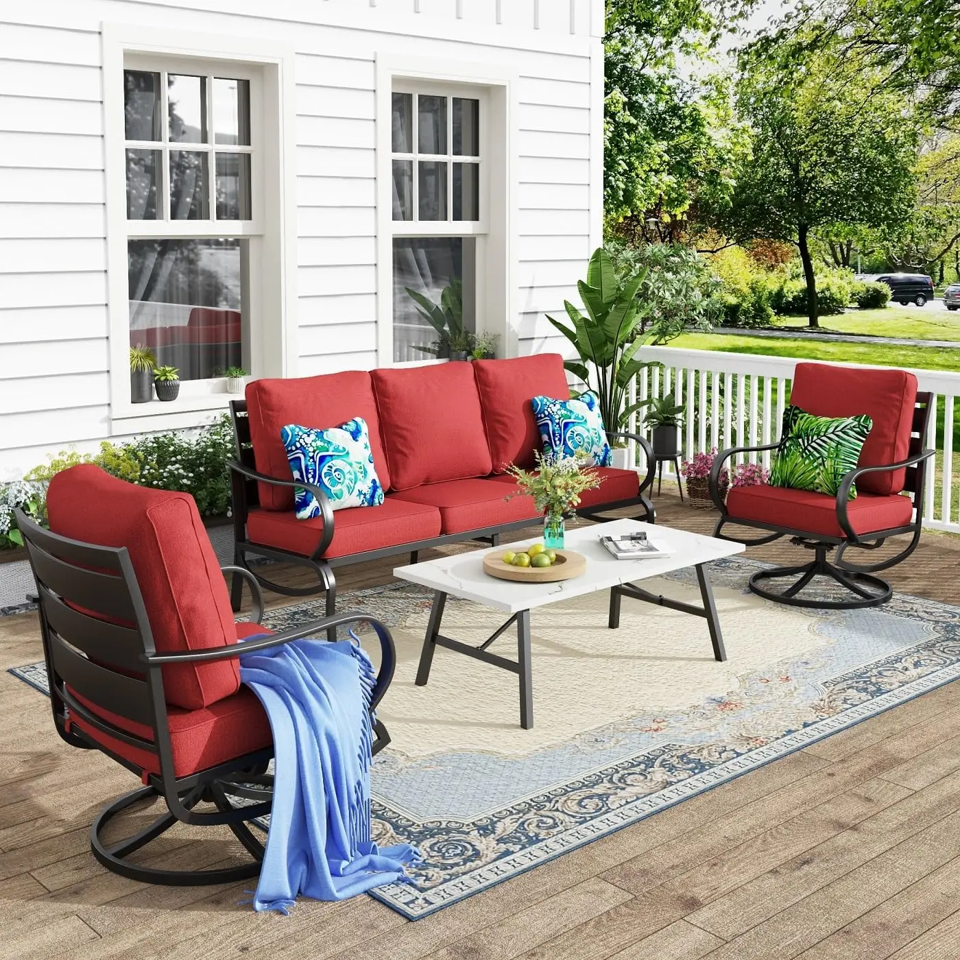 

4 Pieces Patio Conversation Sets(5 Seat), Steel Frame Patio Set with Burgundy Red Cushion for Patio