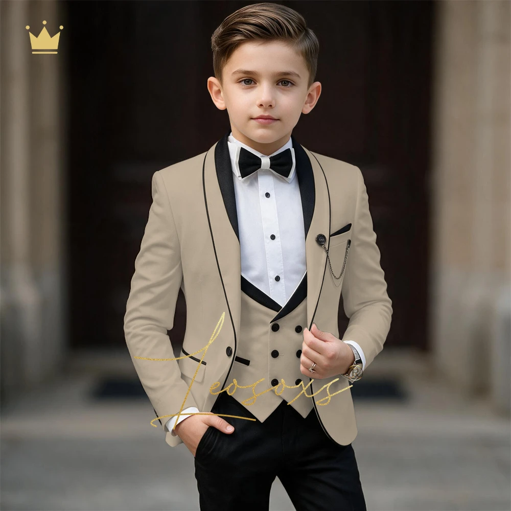Kids Luxury 3-Piece Tuxedo Set Custom Made with Black Satin Trim Slim Fit Gentleman Style Birthday Party Performance Outfit