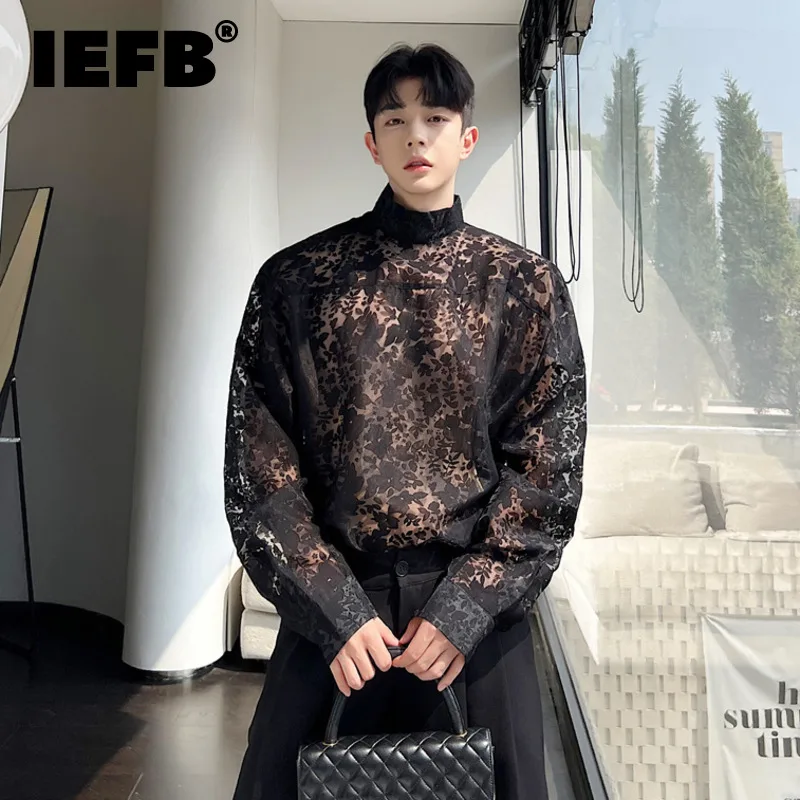 

IEFB Korean Style Men's Hollowed Out Shirts Fashion Standing Collar Long Sleeve Mesh Top Personality Perspective Clothing 9C872